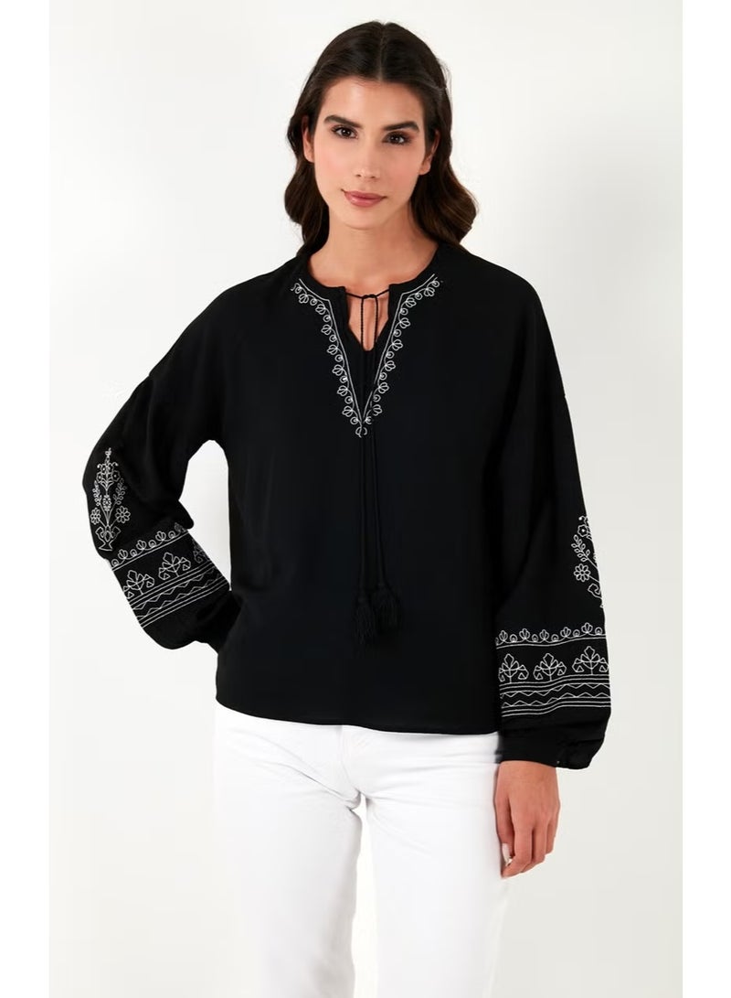 Lela Collar Tied Sleeves Embroidered V-Neck Regular Fit Blouse Women's BLOUSE 611BZ0368 - Image 2